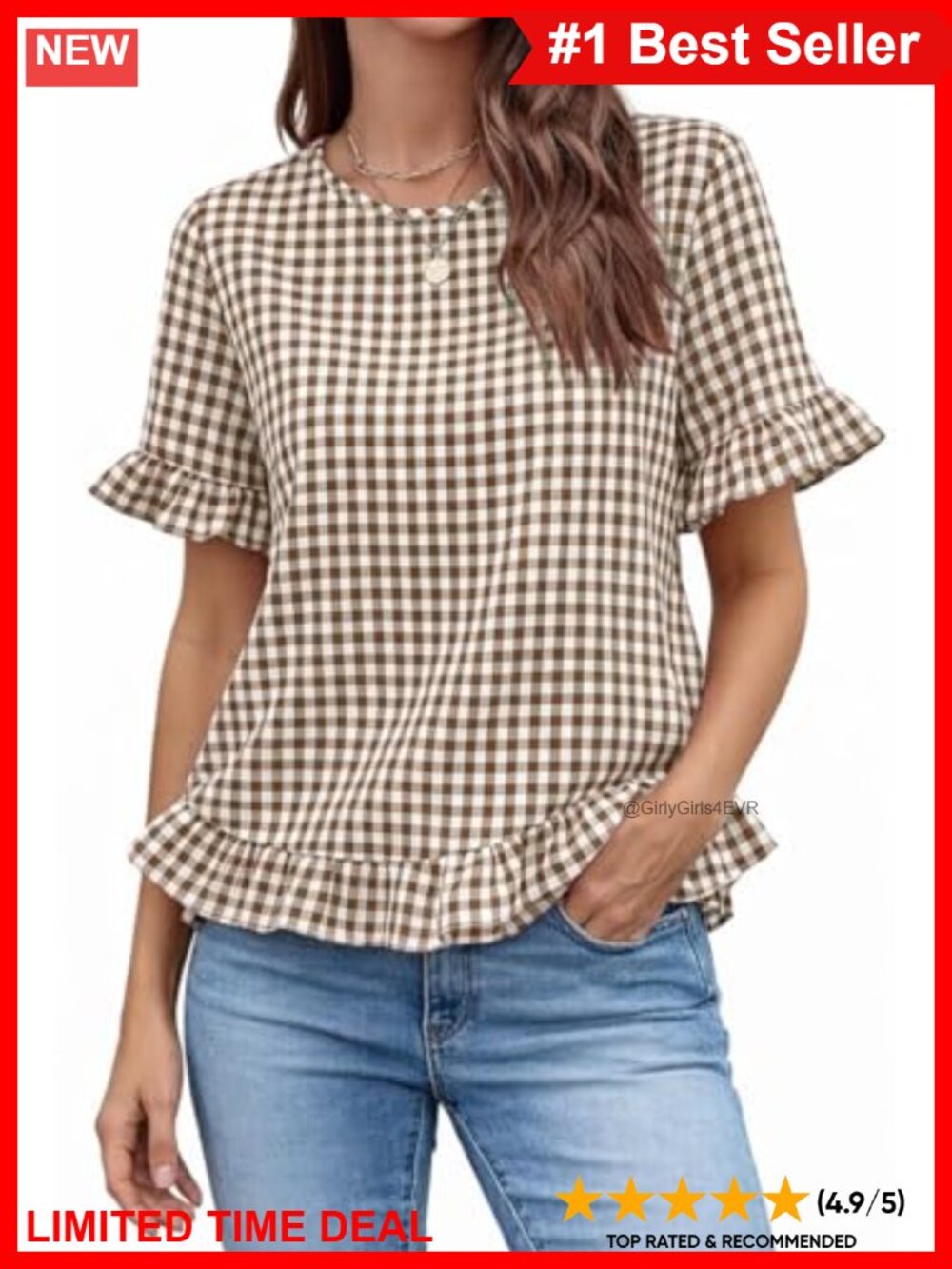 Gingham Ruffle Short Sleeve Crewneck Peasant Blouse Casual Summer Top